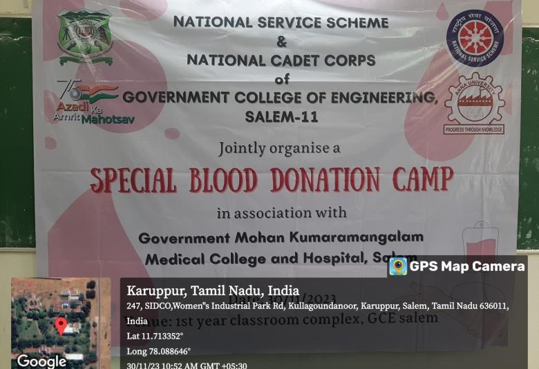 GCE salem and GMKMC college jointly organized a Special Blood Donation Camp at the GCE campus on 30.11.2023